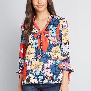 Red & Blue Floral, Tie Three-Quarter Sleeve Blouse